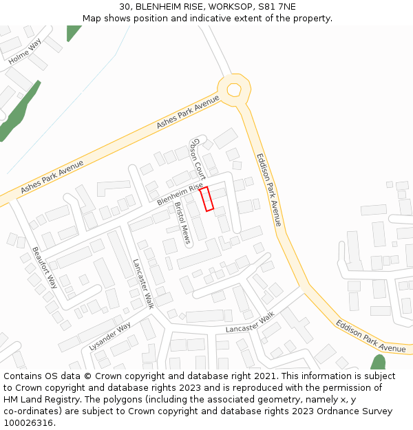 30, BLENHEIM RISE, WORKSOP, S81 7NE: Location map and indicative extent of plot