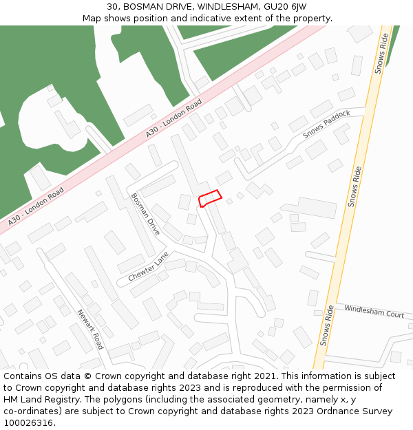 30, BOSMAN DRIVE, WINDLESHAM, GU20 6JW: Location map and indicative extent of plot