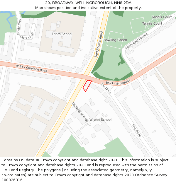 30, BROADWAY, WELLINGBOROUGH, NN8 2DA: Location map and indicative extent of plot