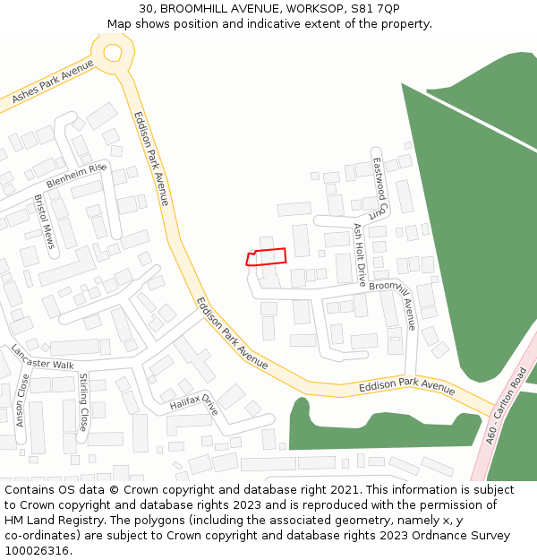 30, BROOMHILL AVENUE, WORKSOP, S81 7QP: Location map and indicative extent of plot