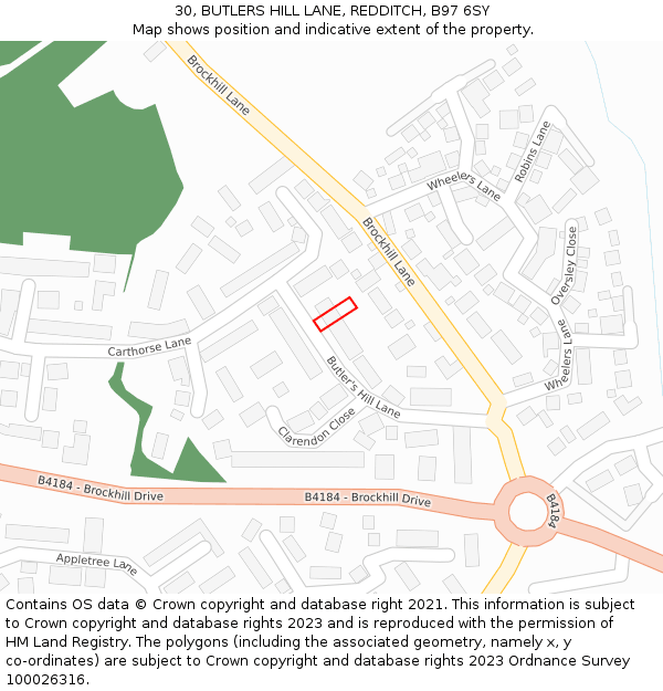 30, BUTLERS HILL LANE, REDDITCH, B97 6SY: Location map and indicative extent of plot