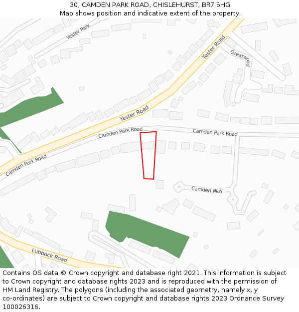 30, CAMDEN PARK ROAD, CHISLEHURST, BR7 5HG: Location map and indicative extent of plot