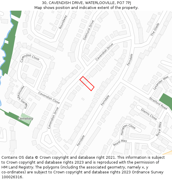 30, CAVENDISH DRIVE, WATERLOOVILLE, PO7 7PJ: Location map and indicative extent of plot