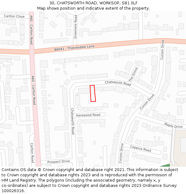 30, CHATSWORTH ROAD, WORKSOP, S81 0LF: Location map and indicative extent of plot