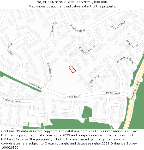 30, CHERINGTON CLOSE, REDDITCH, B98 0BB: Location map and indicative extent of plot