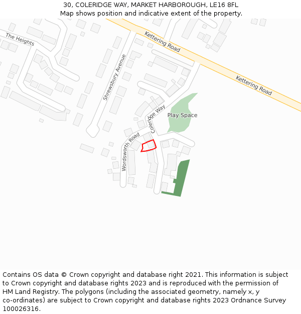 30, COLERIDGE WAY, MARKET HARBOROUGH, LE16 8FL: Location map and indicative extent of plot