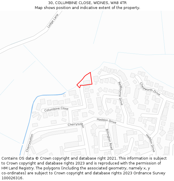 30, COLUMBINE CLOSE, WIDNES, WA8 4TR: Location map and indicative extent of plot