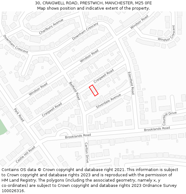 30, CRAIGWELL ROAD, PRESTWICH, MANCHESTER, M25 0FE: Location map and indicative extent of plot