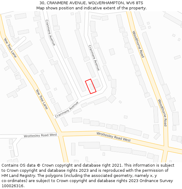 30, CRANMERE AVENUE, WOLVERHAMPTON, WV6 8TS: Location map and indicative extent of plot