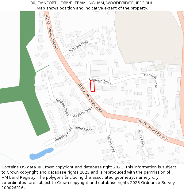 30, DANFORTH DRIVE, FRAMLINGHAM, WOODBRIDGE, IP13 9HH: Location map and indicative extent of plot