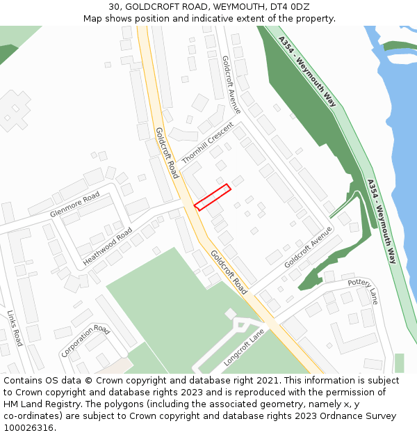 30, GOLDCROFT ROAD, WEYMOUTH, DT4 0DZ: Location map and indicative extent of plot