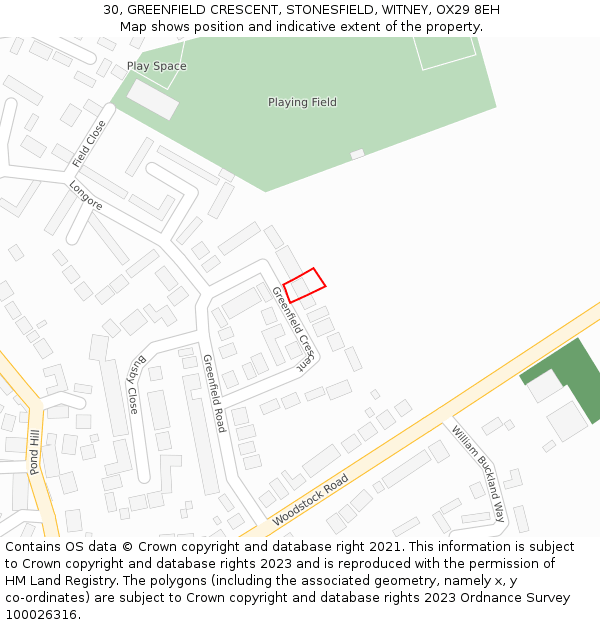 30, GREENFIELD CRESCENT, STONESFIELD, WITNEY, OX29 8EH: Location map and indicative extent of plot