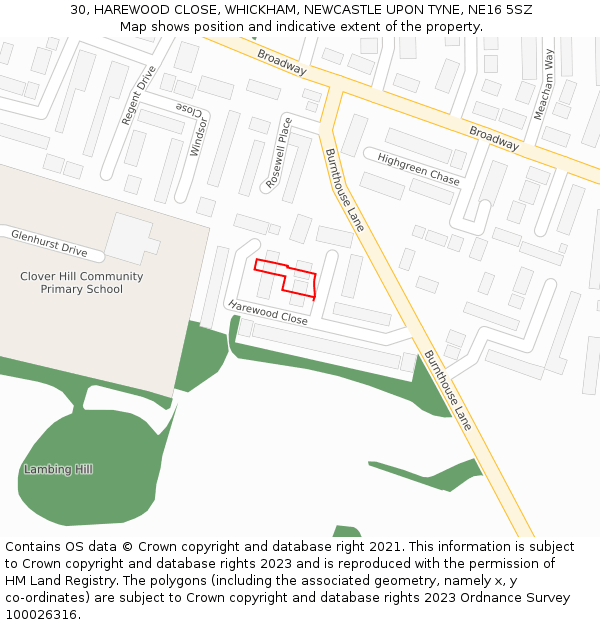 30, HAREWOOD CLOSE, WHICKHAM, NEWCASTLE UPON TYNE, NE16 5SZ: Location map and indicative extent of plot