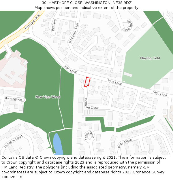 30, HARTHOPE CLOSE, WASHINGTON, NE38 9DZ: Location map and indicative extent of plot