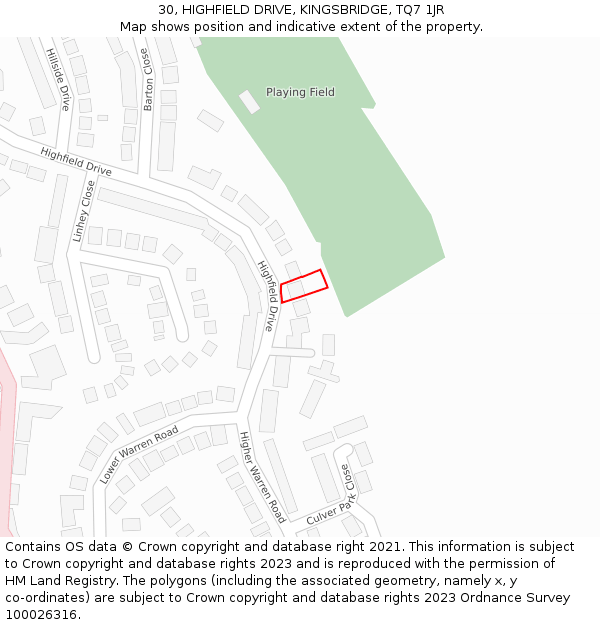 30, HIGHFIELD DRIVE, KINGSBRIDGE, TQ7 1JR: Location map and indicative extent of plot