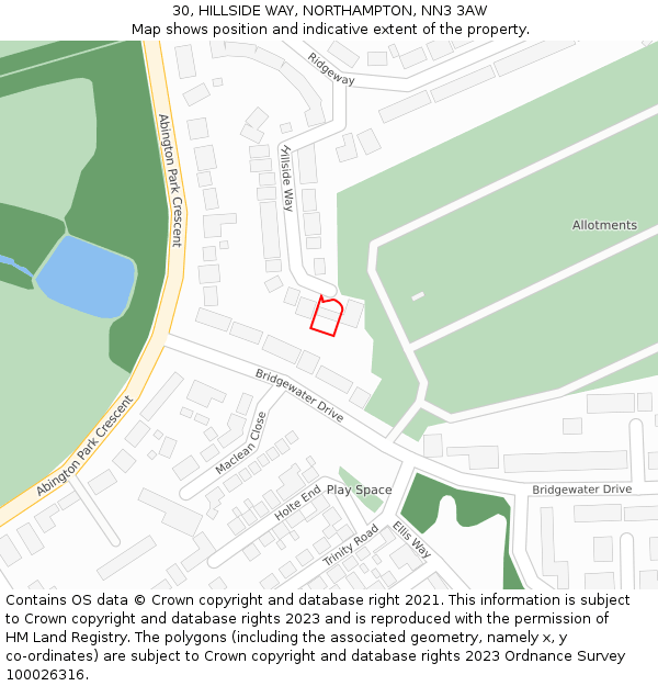 30, HILLSIDE WAY, NORTHAMPTON, NN3 3AW: Location map and indicative extent of plot