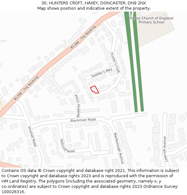 30, HUNTERS CROFT, HAXEY, DONCASTER, DN9 2NX: Location map and indicative extent of plot