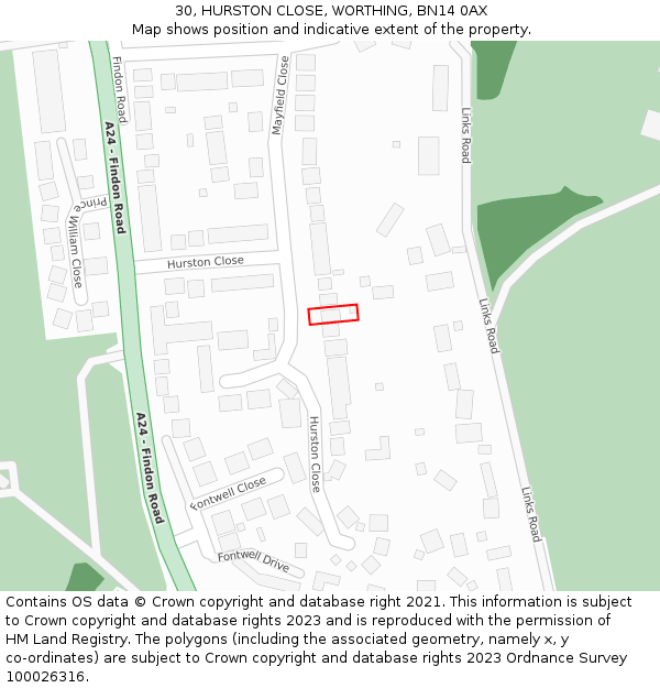30, HURSTON CLOSE, WORTHING, BN14 0AX: Location map and indicative extent of plot