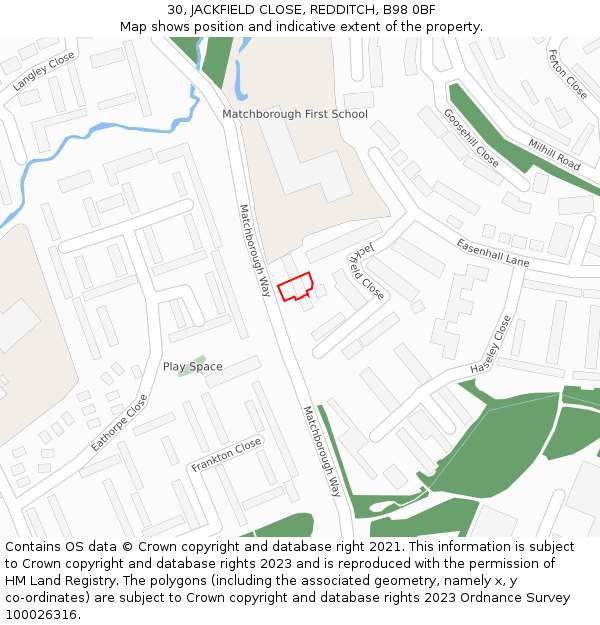 30, JACKFIELD CLOSE, REDDITCH, B98 0BF: Location map and indicative extent of plot