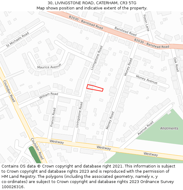 30, LIVINGSTONE ROAD, CATERHAM, CR3 5TG: Location map and indicative extent of plot