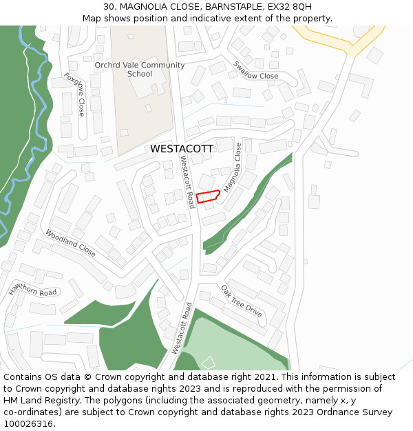 30, MAGNOLIA CLOSE, BARNSTAPLE, EX32 8QH: Location map and indicative extent of plot