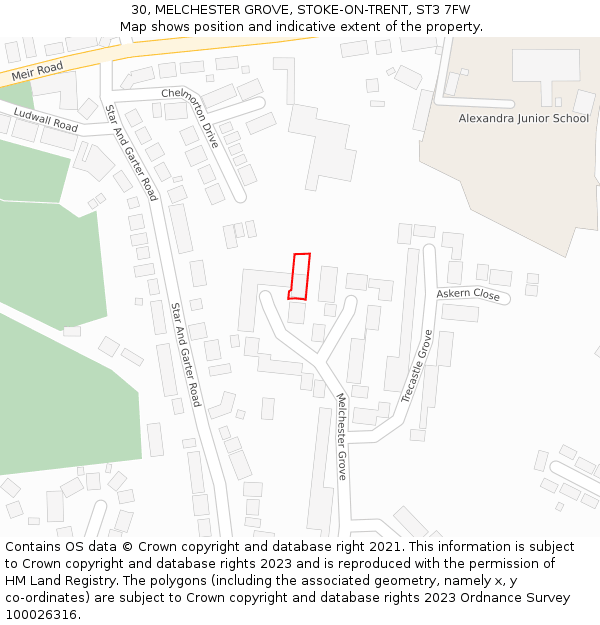30, MELCHESTER GROVE, STOKE-ON-TRENT, ST3 7FW: Location map and indicative extent of plot