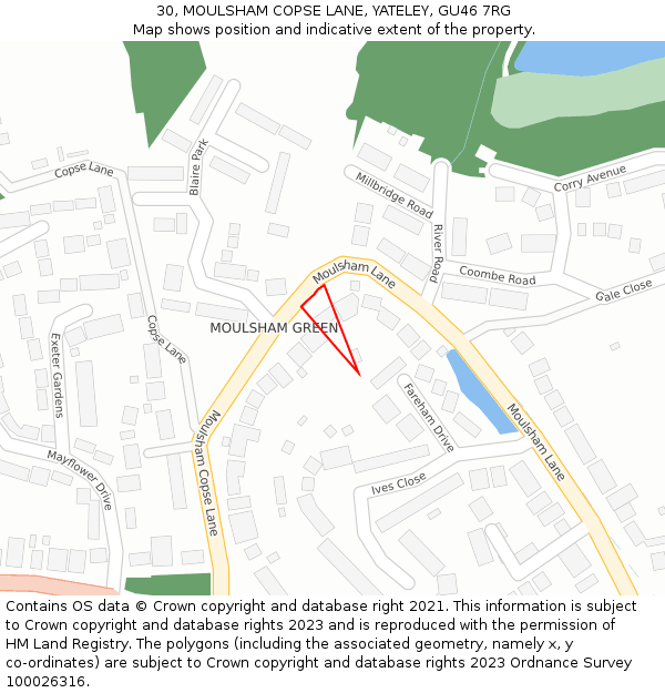 30, MOULSHAM COPSE LANE, YATELEY, GU46 7RG: Location map and indicative extent of plot