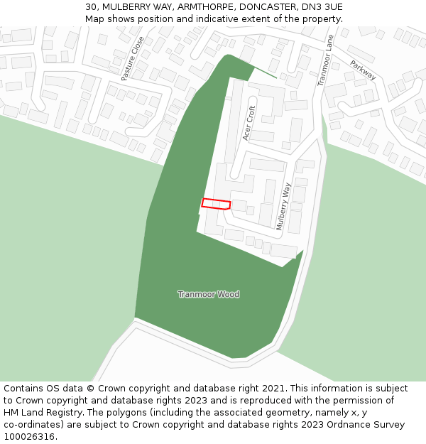 30, MULBERRY WAY, ARMTHORPE, DONCASTER, DN3 3UE: Location map and indicative extent of plot