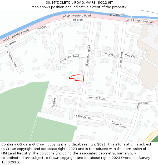 30, MYDDLETON ROAD, WARE, SG12 9JT: Location map and indicative extent of plot