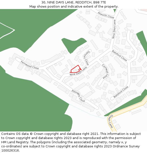 30, NINE DAYS LANE, REDDITCH, B98 7TE: Location map and indicative extent of plot