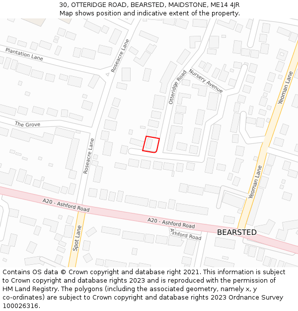 30, OTTERIDGE ROAD, BEARSTED, MAIDSTONE, ME14 4JR: Location map and indicative extent of plot