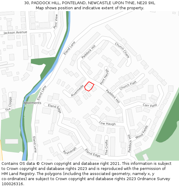 30, PADDOCK HILL, PONTELAND, NEWCASTLE UPON TYNE, NE20 9XL: Location map and indicative extent of plot