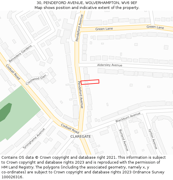 30, PENDEFORD AVENUE, WOLVERHAMPTON, WV6 9EF: Location map and indicative extent of plot
