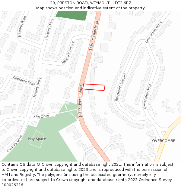 30, PRESTON ROAD, WEYMOUTH, DT3 6PZ: Location map and indicative extent of plot