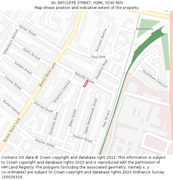 30, RATCLIFFE STREET, YORK, YO30 6EN: Location map and indicative extent of plot
