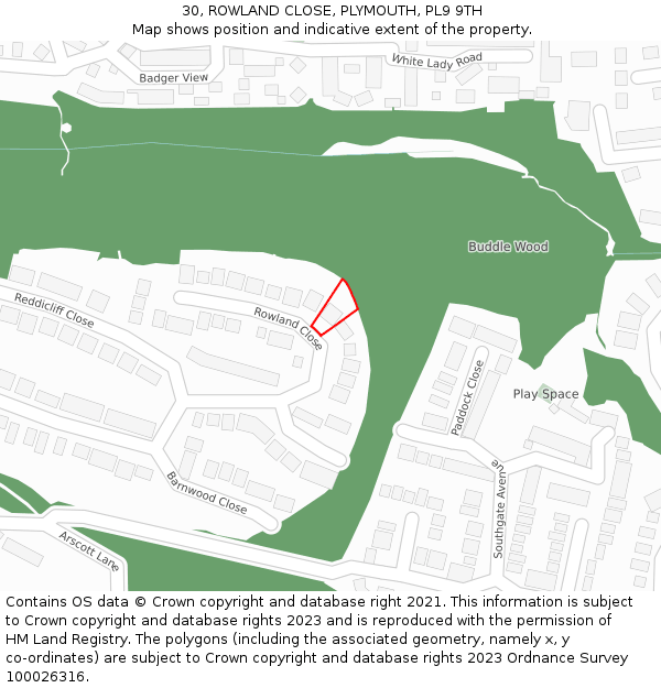 30, ROWLAND CLOSE, PLYMOUTH, PL9 9TH: Location map and indicative extent of plot