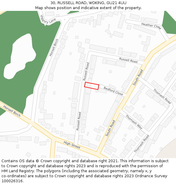 30, RUSSELL ROAD, WOKING, GU21 4UU: Location map and indicative extent of plot