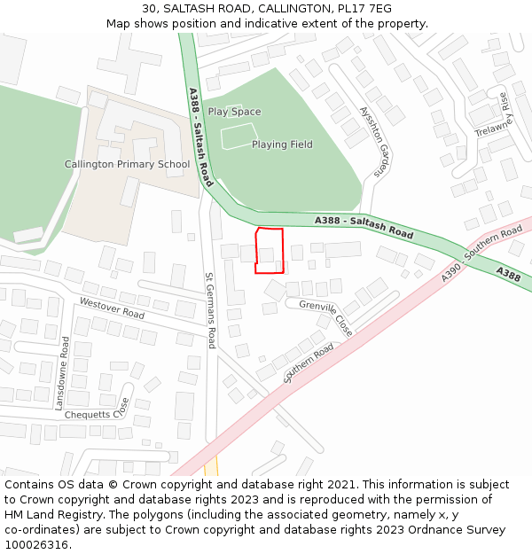 30, SALTASH ROAD, CALLINGTON, PL17 7EG: Location map and indicative extent of plot