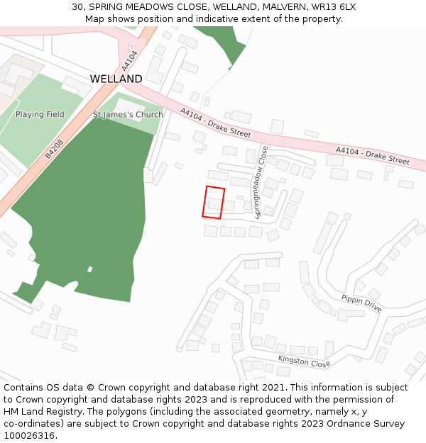 30, SPRING MEADOWS CLOSE, WELLAND, MALVERN, WR13 6LX: Location map and indicative extent of plot