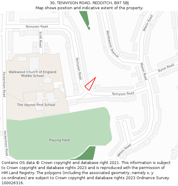 30, TENNYSON ROAD, REDDITCH, B97 5BJ: Location map and indicative extent of plot