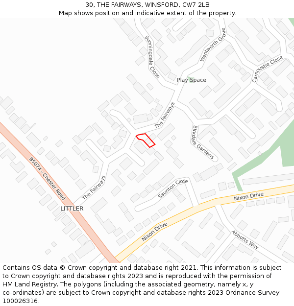 30, THE FAIRWAYS, WINSFORD, CW7 2LB: Location map and indicative extent of plot