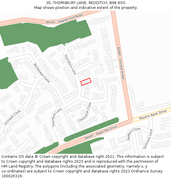 30, THORNBURY LANE, REDDITCH, B98 8SG: Location map and indicative extent of plot