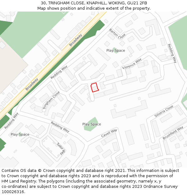 30, TRINGHAM CLOSE, KNAPHILL, WOKING, GU21 2FB: Location map and indicative extent of plot