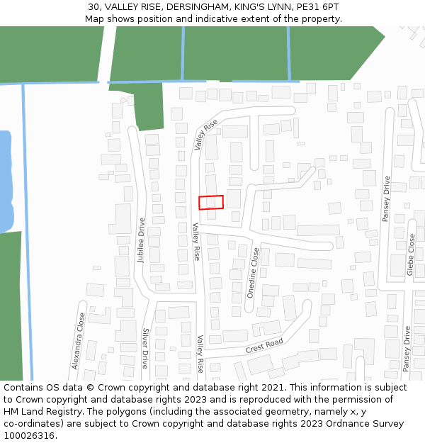 30, VALLEY RISE, DERSINGHAM, KING'S LYNN, PE31 6PT: Location map and indicative extent of plot