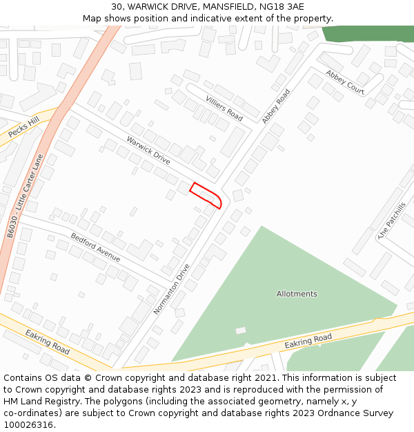 30, WARWICK DRIVE, MANSFIELD, NG18 3AE: Location map and indicative extent of plot