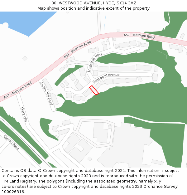 30, WESTWOOD AVENUE, HYDE, SK14 3AZ: Location map and indicative extent of plot