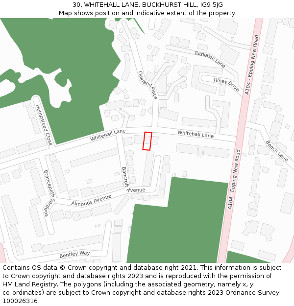 30, WHITEHALL LANE, BUCKHURST HILL, IG9 5JG: Location map and indicative extent of plot