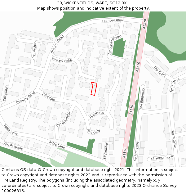 30, WICKENFIELDS, WARE, SG12 0XH: Location map and indicative extent of plot