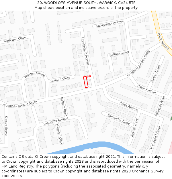 30, WOODLOES AVENUE SOUTH, WARWICK, CV34 5TF: Location map and indicative extent of plot