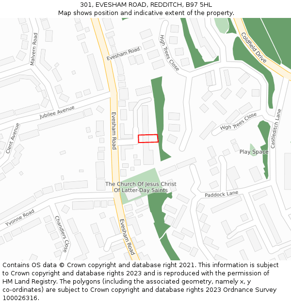 301, EVESHAM ROAD, REDDITCH, B97 5HL: Location map and indicative extent of plot